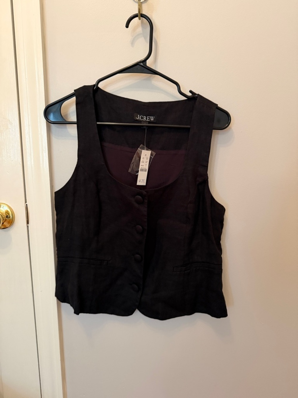 J. Crew Black Sleeveless Button-Front Linen-Blend Vest